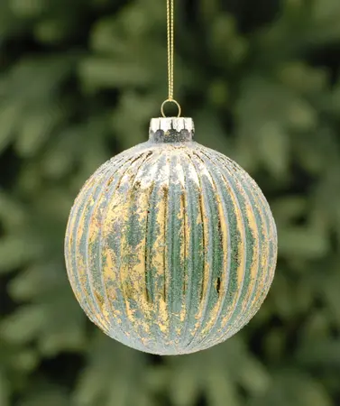 10cm Green/Gold Stripped Aged Effect Glass Ball