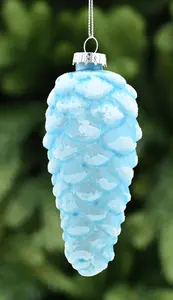 12cm Light Blue Glass Pinecone with White Glitter