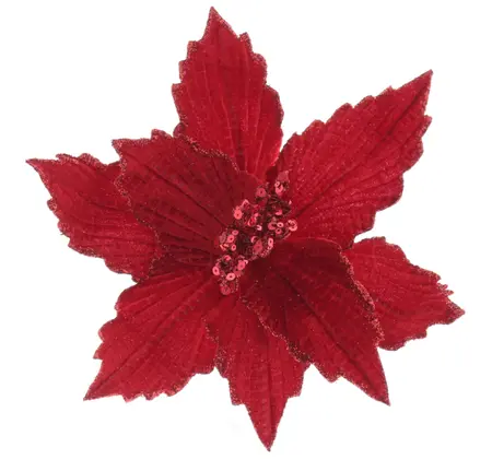 26cm red poinsettia with glitter edging clip on