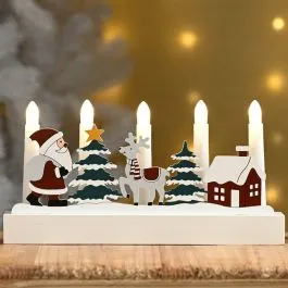 28cm Battery Operated Lit Wooden Santa Scene Candle Bridge