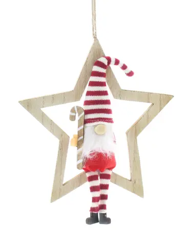 29cm Wooden Hanging Star with Red/White Gonk