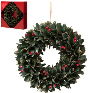 30cm Green Leaf and Red Berries Wreath in Box