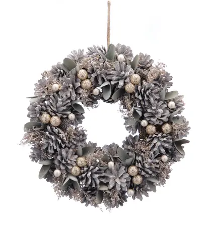 30cm White Pinecone and Gold Berries Wreath in Box