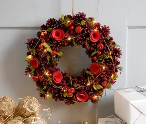 36cm Battery Operated Red Roses Lit Wreath in Box - image 2