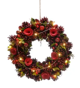 36cm Battery Operated Red Roses Lit Wreath in Box - image 1