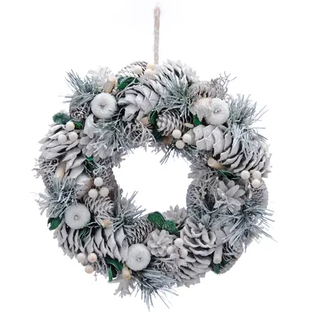 36cm Frosted Pinecones/White Apples Wreath in Box