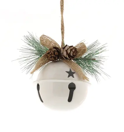 7cm metal white bell with pinecones and foliage