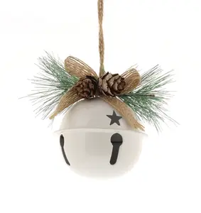 7cm metal white bell with pinecones and foliage