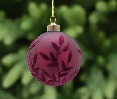 8cm burgundy glass ball with flock leaf