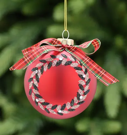 8cm Matt Red Glass Ball - Wreath Design-Tartan Bow