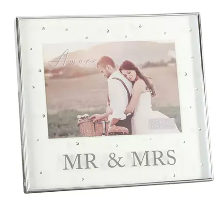 Amore Silverplated Box Frame with Crystals 7" x 5" Mr & Mrs