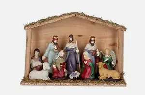 Ceramic Nativity Figures in Wood Stable Orn