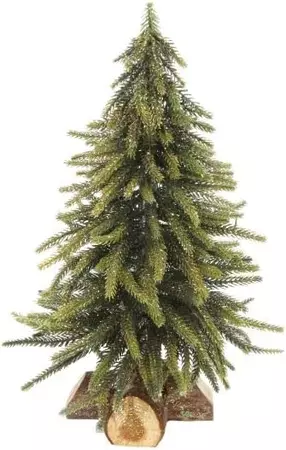 Green Fir Tree on Log w Gold Sparkles Orn